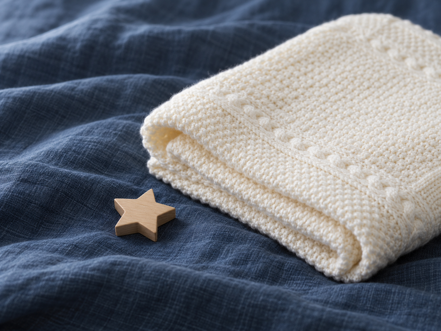 A folded baby blanket and a small wooden star